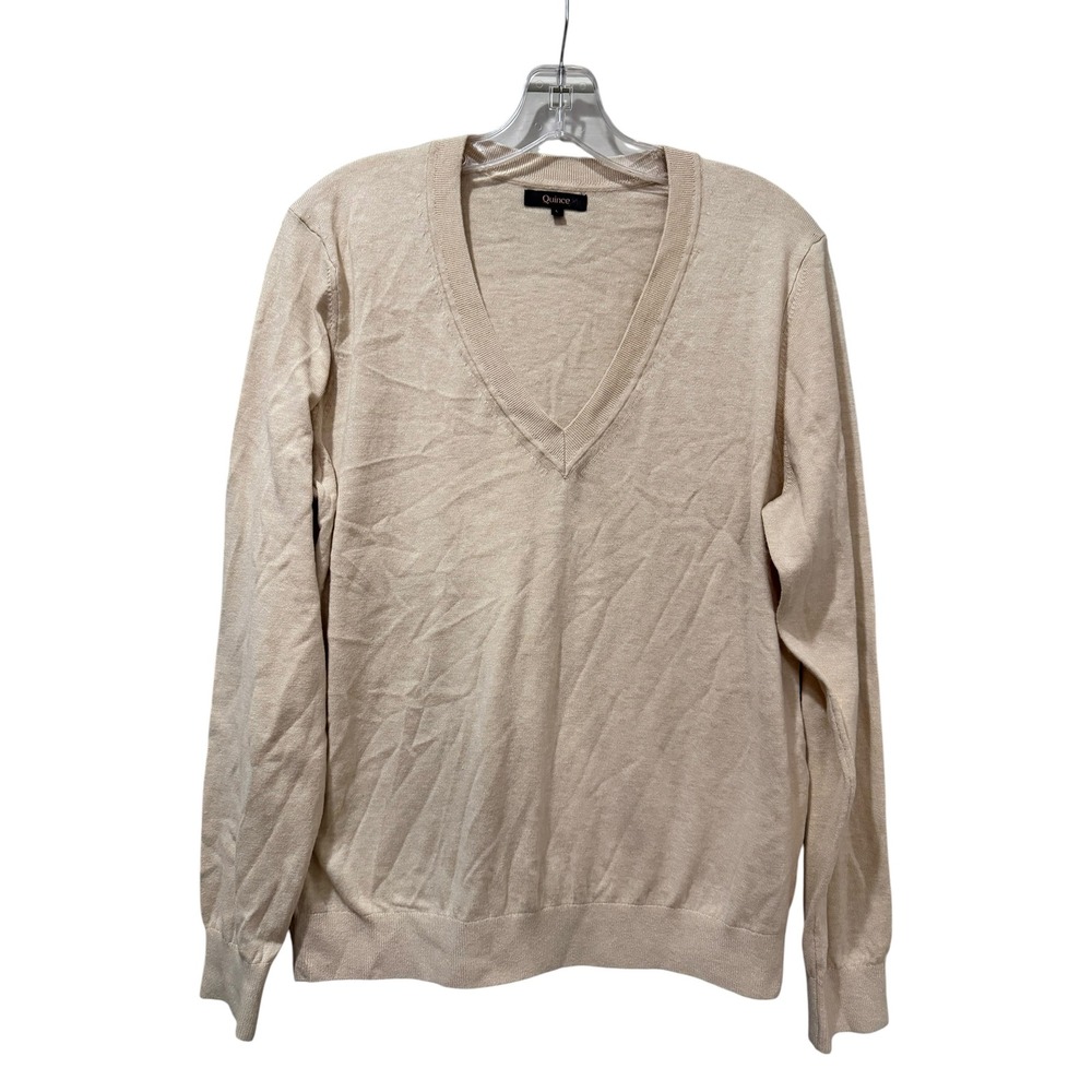 Quince Organic Cotton Cashmere Blend V-Neck Sweater Beige Oatmeal Large L